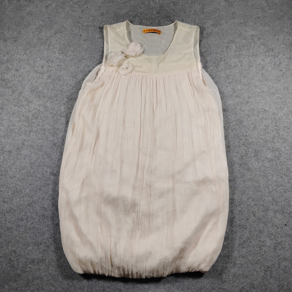 Alice + Olivia Cream Silk Pleated Bubble Hem Dress Floral Applique S